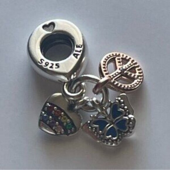 Pandora Two-Tone Rainbow Heart, Butterfly & Peace Triple Dangle Charm - Picture 3 of 4